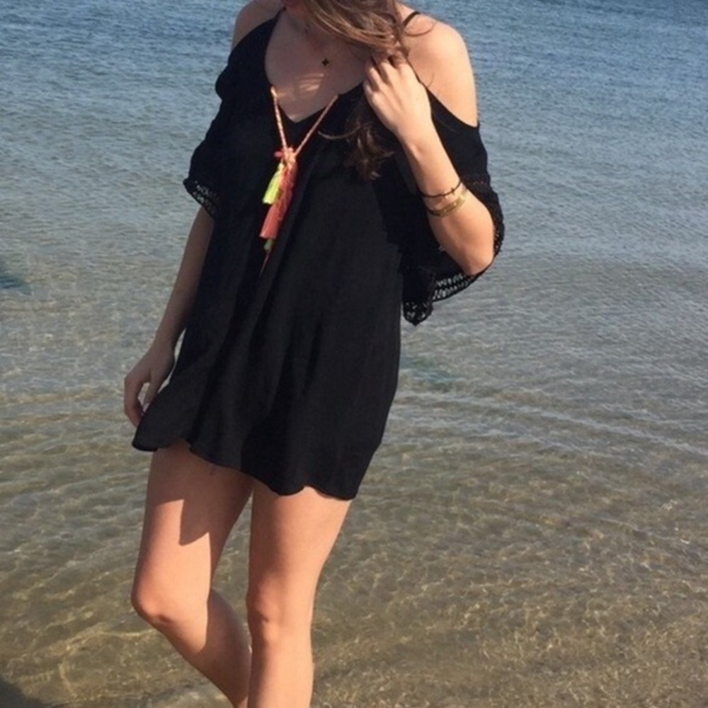 SURF GYPSY Women Neon Tassels Swim Cover Up Sz M Black Festival Boho 47-9